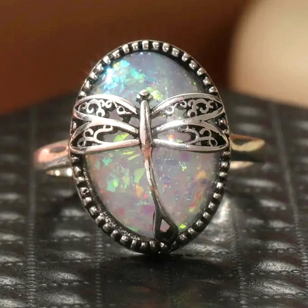 Vintage Elegant Silver Dragonfly Opal Ring Sz 8